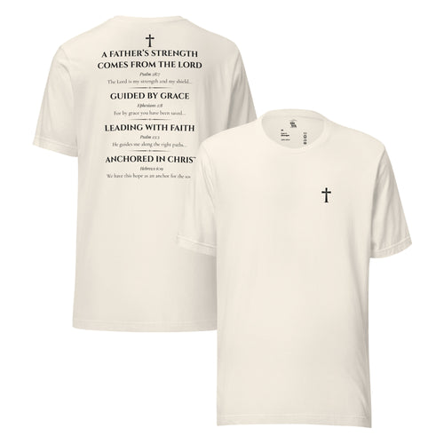 Beige t-shirt with text and cross design on a white background